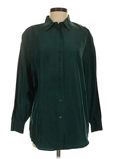 Pre-owned Compagnie Internationale Express 3/4 Sleeve Silk Top Green Solid Pattern Collared Neckline Tops