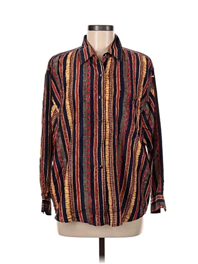 Pre-owned Compagnie Internationale Express Long Sleeve Silk Top Brown Chevron/herringbone Pattern Collared Neckline Tops