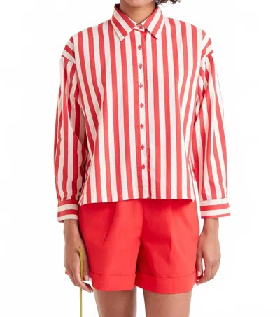 Compañía Fantástica Cherry Stripe Button Down In White/red
