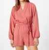 Compañía Fantástica Tie-belt Waist And Puff Sleeve Romper In Pink Terracotta In Multi