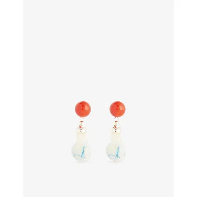 Completedworks Womens Red / Blue Beak Sterling-silver, Resin And Red Agate Drop Earrings In Orange