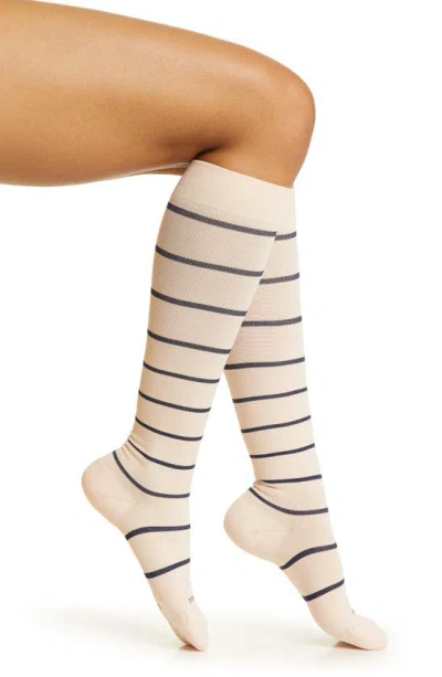 Comrad Stripe Knee High Compression Socks In Ivory Rose/ Navy