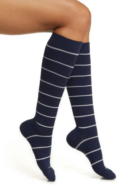Comrad Stripe Knee High Compression Socks In Navy/ Sand