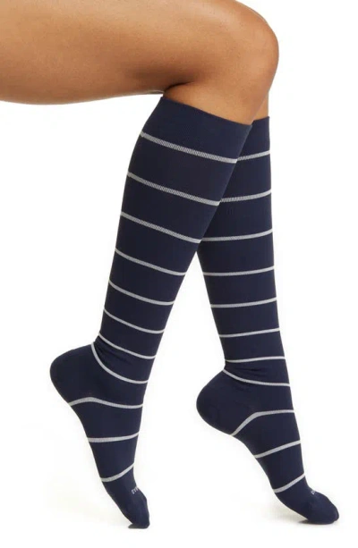Comrad Stripe Knee High Compression Socks In Navy/ Sand