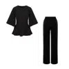 Concept A Trois Black Set: Peplum Top And Wide Leg Pants With Pockets In Black