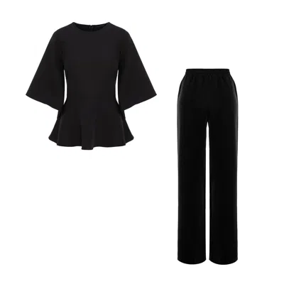 Concept A Trois Black Set: Peplum Top And Wide Leg Pants With Pockets