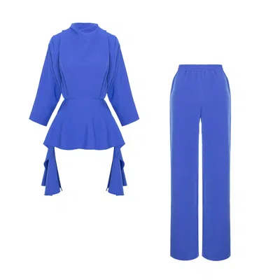 Concept A Trois Royal Blue Suit – Structured Blouse And Elegant Wide Leg Pants Set
