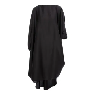 Concept A Trois Women's Asymmetric Oversized Blouse With Drawstring- Satin Black