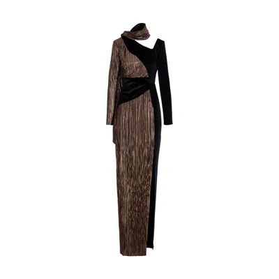 Concept A Trois Women's Black / Brown Long Plissé Bronze & Velvet Dress With Scarf At Back In Multi