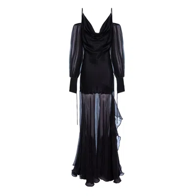 Concept A Trois Women's Black Long Dress On Bie With Straps, Puffy Sleeves With Veil At The End