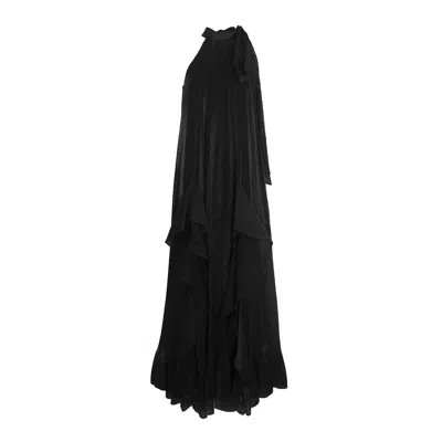 Concept A Trois Women's Black Long Dress With Deep Slits And Ruffles