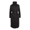 Concept A Trois Women's Black Quilted Long Jacket With Elastic Waist Belt And Long Sleeves In Black