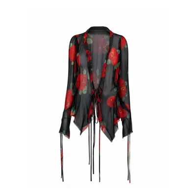 Concept A Trois Women's Black / Red / Green Black Chiffon Blouse Adorned With Red Roses - Special Capsule "self.read In Multi