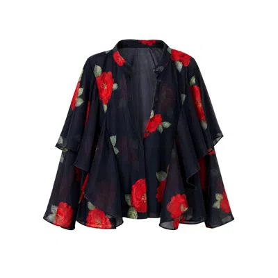Concept A Trois Women's Black / Red / Green Black Chiffon Blouse With Rose Print And Ample Ruffles In Multi