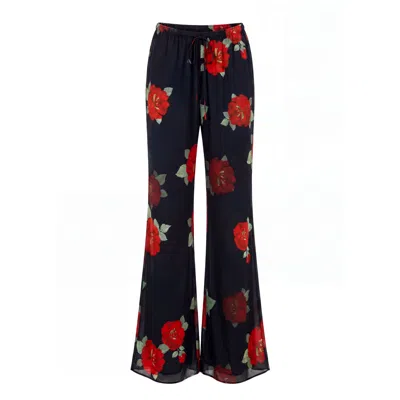 Concept A Trois Women's Black / Red / Green Black Chiffon Flared Pants With Rose Print  - Special Capsule "self.read In Multi