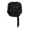 Concept A Trois Women's Black Sequin Top With Puff Sleeves In Black