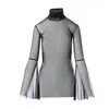 Concept A Trois Women's Black Sheer Mesh Tulle Blouse With Flared Sleeves In Black