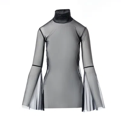 Concept A Trois Women's Black Sheer Mesh Tulle Blouse With Flared Sleeves