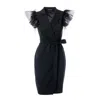 Concept A Trois Women's Black Short Wrap Blazer Dress With Winged Tulle Sleeves In Black