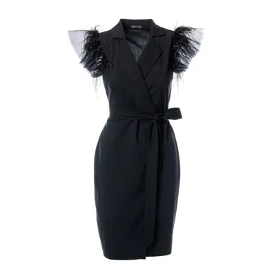 Concept A Trois Women's Black Short Wrap Blazer Dress With Winged Tulle Sleeves