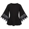 Concept A Trois Women's Black Top With Flared Sleeves And Lace Details In Black
