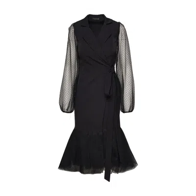 Concept A Trois Women's Black Wrap Blazer Dress With Long Tulle Sleeves