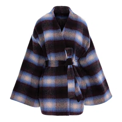Concept A Trois Women's Blue And Burgundy Stripes  Jacket, Side Over Side, "manteco" Wool Fabric In Blue/red