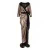Concept A Trois Women's Brown / Black Side Over Side, Long Shawl Collar Dress - Bronze Sequins In Brown/black