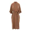 Concept A Trois Women's Brown Midi Camel Dress With Black Striped, Collar, Cuffs And Cord In Brown