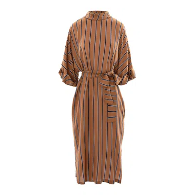 Concept A Trois Women's Brown Midi Camel Dress With Black Striped, Collar, Cuffs And Cord