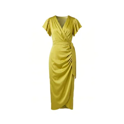 Concept A Trois Women's Green / Gold Long Satin Wrap Cocktail Dress – Golden Olive In Green/gold