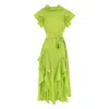 Concept A Trois Women's Green Midi Lime Dress With Side Slits And Cascading Ruffles With Scarf In Green