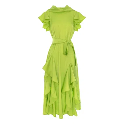 Concept A Trois Women's Green Midi Lime Dress With Side Slits And Cascading Ruffles With Scarf