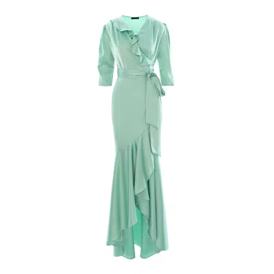 Concept A Trois Women's Green Mint Long Cocktail Dress With Train And Three-quarter Sleeves