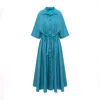 Concept A Trois Women's Green Turquoise Midi Shirt Dress With Buttons And Pockets In Blue