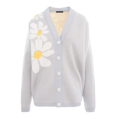 Concept A Trois Women's Grey Cardigan With Daisies, "v" Neckline, Knitted And Daisies Buttons
