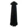 Concept A Trois Women's Long Dress With Cascading Slits And Ruffles, Sequined Details - Black In Black