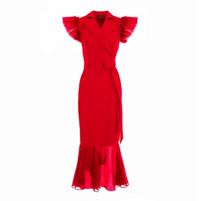 Concept A Trois Women's Long Red Blazer Wrap Dress With Tulle And Soft Veil