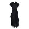 Concept A Trois Women's Midi Black Dress With Side Slits And Cascading Ruffles With Black Scarf In Black