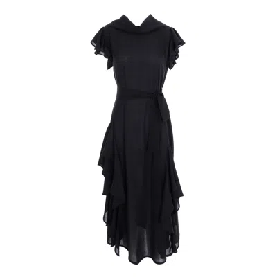Concept A Trois Women's Midi Black Dress With Side Slits And Cascading Ruffles With Black Scarf