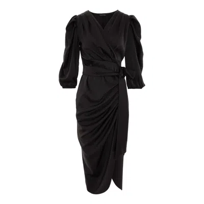 Concept A Trois Women's Midi Wrap Three Quarter Length Puff Sleeve Dress - Black