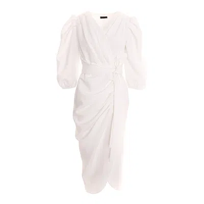Concept A Trois Women's Midi Wrap Three Quarter Length Puff Sleeve Dress - White