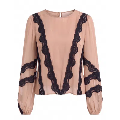 Concept A Trois Women's Neutrals / Black Nude Blouse With Black Lace — Statement Contrast In Red