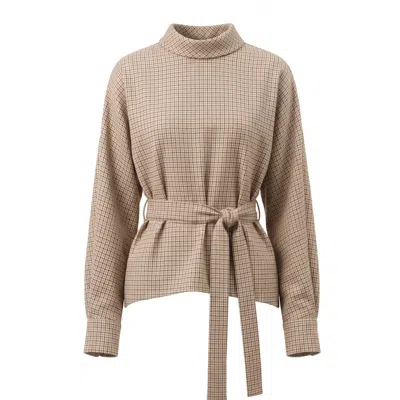 Concept A Trois Women's Neutrals High-neck Plaid Blouse With A Waist Tie
