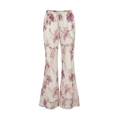 Concept A Trois Women's Neutrals Ivory Chiffon Flared Pants With Pastel Floral Print In Multi