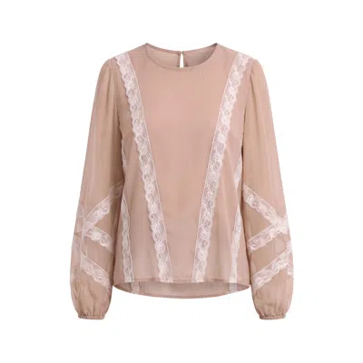 Concept A Trois Women's Neutrals Nude Blouse In Fine Tulle And Ivory Lace In Multi