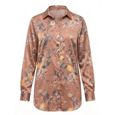 Concept A Trois Women's Neutrals Oversized Shirt With An Autumn And Quince Print In Brown/gray/green/yellow
