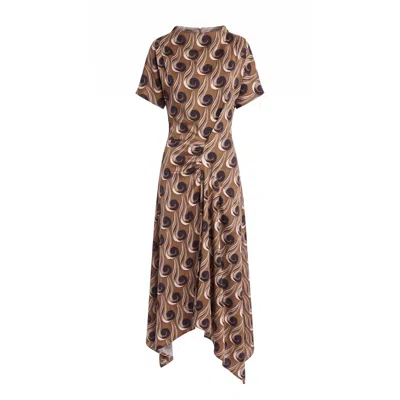 Concept A Trois Women's Neutrals Pre-fall Asymmetric Midi Dress With Graphic Print In Brown