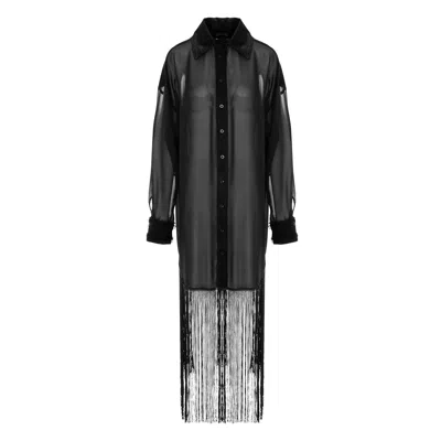 Concept A Trois Women's Oversized Black Sheer Shirt-dress With Long Fringes