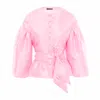 Concept A Trois Women's Pink / Purple Pale Pink Taffeta Top With Puff Sleeves And Drawstring
